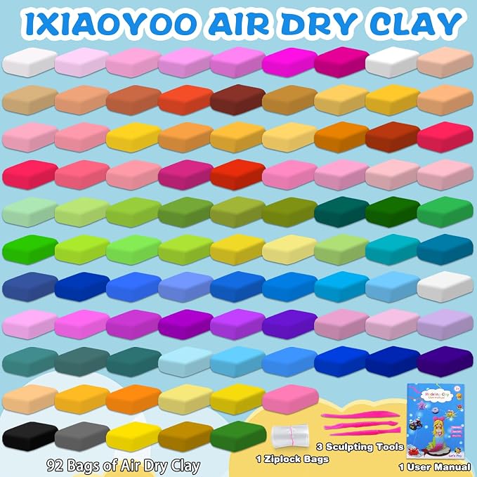 Ixiaoyoo Air Dry Clay, 92 Colors Foam Modeling Clay for School Projects | Safe & Non-Toxic, Soft, Non-Sticky, DIY Model Crafts Kids Toys for Home Party Favors, Birthday Gifts for Aged 3–12 Boys Girls