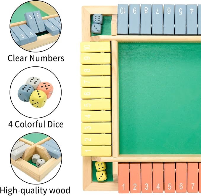 WOOD CITY Shut The Box Game Wooden 4 Player, Classic Board Game for Kids & Adults, Educational Math Learning Toy, Table Dice Game for The Party Family or Bar - 12 Inch with 8 Dice Morandi Color