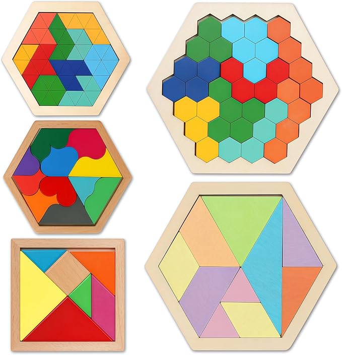 5 Pack Wooden Puzzle Set - STEM Brain Teaser Tangram Games for Kids Ages 3+ | Montessori Educational Toy, Geometric Shape Blocks, Logic IQ Game, Ideal Gift for Kids Teens Adults