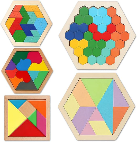 5 Pack Wooden Puzzle Set - STEM Brain Teaser Tangram Games for Kids Ages 3+ | Montessori Educational Toy, Geometric Shape Blocks, Logic IQ Game, Ideal Gift for Kids Teens Adults