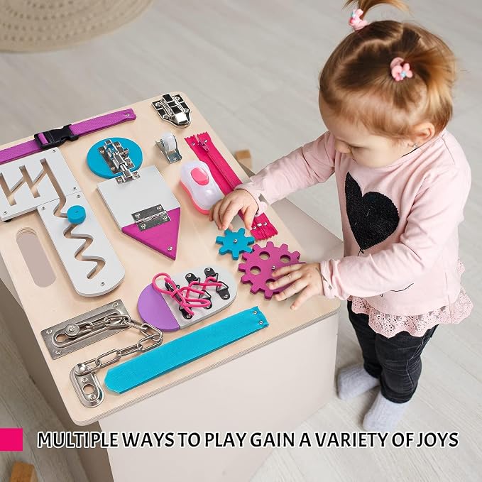 Toddlers Busy Board, Montessori Busy Board for Age 1, Wooden Sensory Toys | Preschool Learning Activities, Basic Life Skills, Fine Motor Skills, Educational Birthday Gifts for Kids Ages 1 2 3 4, Pink