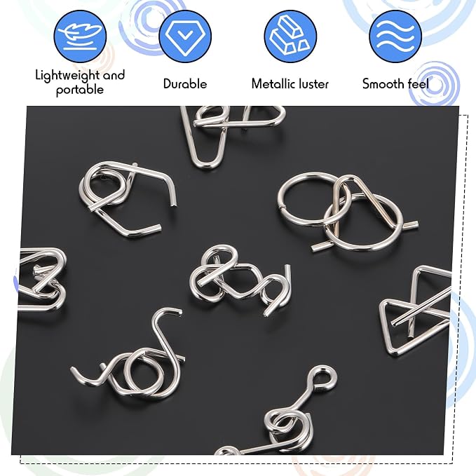 8 Pack Brain Teaser Puzzles Metal Wire Ring with Pouch,C Style | IQ Test Disentanglement Unlock Challenge, Portable Storage Pouch, Mind-bending Interlock Game for Party Favor Entertainment