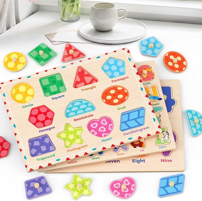 Zeoddler Wooden Montessori Puzzles for Toddlers, 3 Pack ABC, Number and Shape Puzzle for Kids, Preschool Learning Activities, Gift for Girls Boys