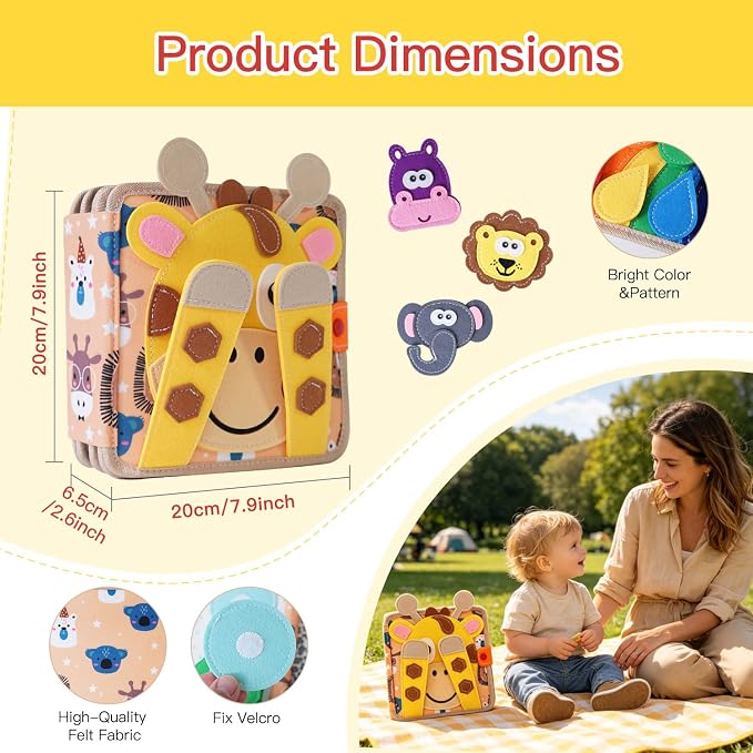 Montessori Busy Book, Suitable for Toddlers Aged 1-3, Felt Sensory Activity Book, Children's Travel Toy, Quiet Book Busy Board, Birthday Gift for Boys and Girls