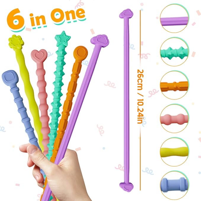 6 Pack Sensory Sticks Fidget Toys for Kids Adults, Anxiety Relief | Silicone Textured, Calming Sensory Toys, Kids With Autism, Classroom & Travel, Stocking Stuffers for Teen Girls Boys Kids