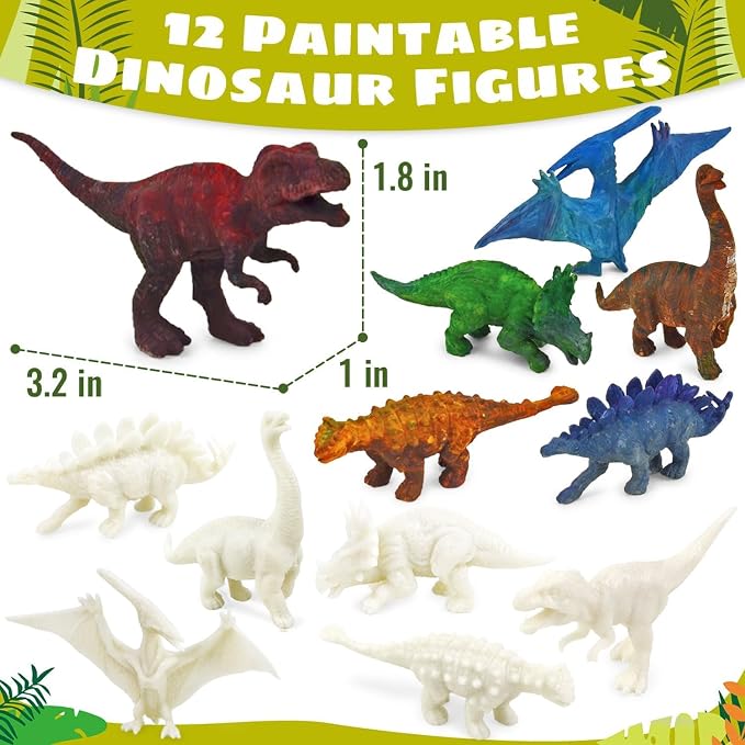 Vileafy Dinosaur Painting Craft Kits, 12 Paintable Dino Figures for Kids | 12 Dinosaur Toys with 36 Colors. Fun DIY Crafts for Birthdays, Classrooms and Party Favors