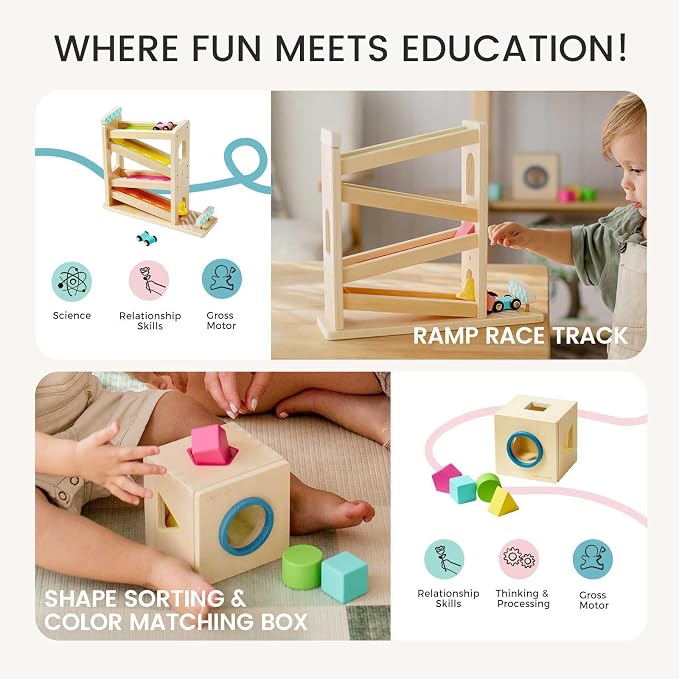 Tiny Land Montessori Baby Toy Set 16-18 Months 7 in 1 Adventure Kit | Ramp race track, shape sorting box, color matching, lacing beads, nesting dolls, animals board book, fine motor play gift