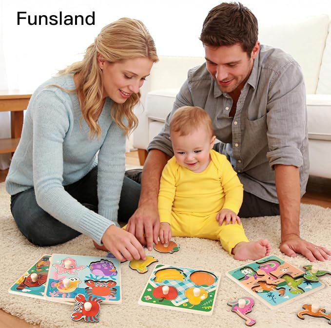 Wooden Toddler Puzzles - 4 Pcs Eco-Friendly Animal Patterns Jigsaw With Handles - Infant Kid Fine Motor Skill Learning Educational Montessori Toys for 1-3 Years Old