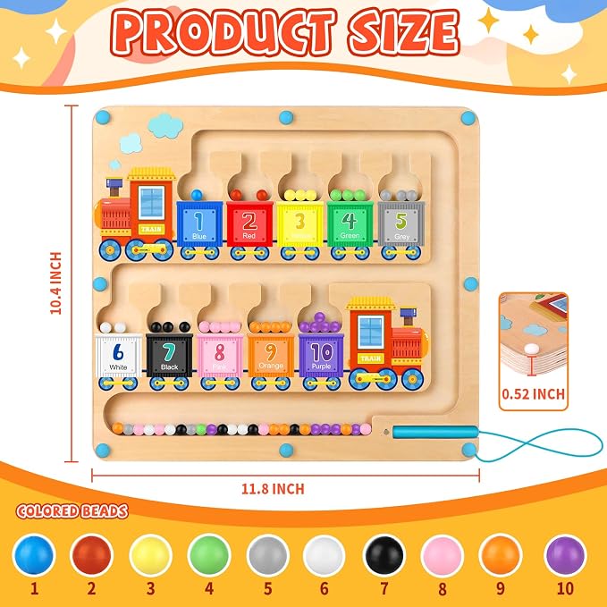 wakeInsa Magnetic Color and Number Maze,Montessori Toys for 2-5 Years Old Boys,Wooden Magnet Balls Puzzles,Toddler Busy Board,Preschool Learning Activities,Christmas & Birthday Gift for Kids