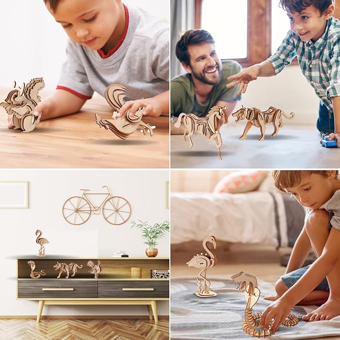 calary 3D Wooden Puzzle Simulation Animal Dinosaur Assembly DIY Model Toy for Kids and Adults,Set of 6