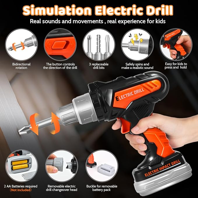 Kids Tool Set 49 PCS, Portable Tool Bag with Battery Powered Toy Drill & Adjustable Belt, Pretend Play Toddler Tool Set, Construction Toys for Boys & Girls Age 3-8, STEM Gifts