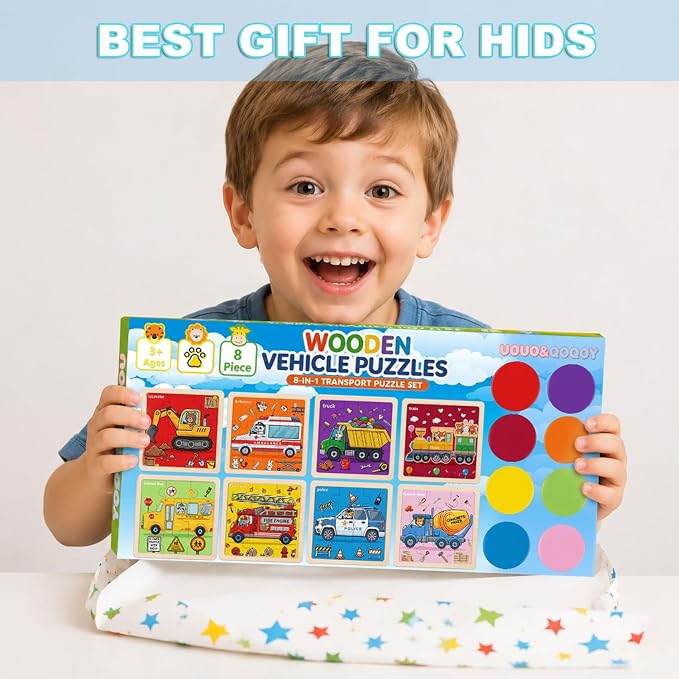 Wooden Jigsaw Puzzles for Kids Ages 3-5, 8-Pack 9-Piece Traffic Puzzles Toy | Transportation Wood Puzzles Set, Toddler Brain Teaser Toys, Gifts for Boys Girls Ages 3 4 5 6