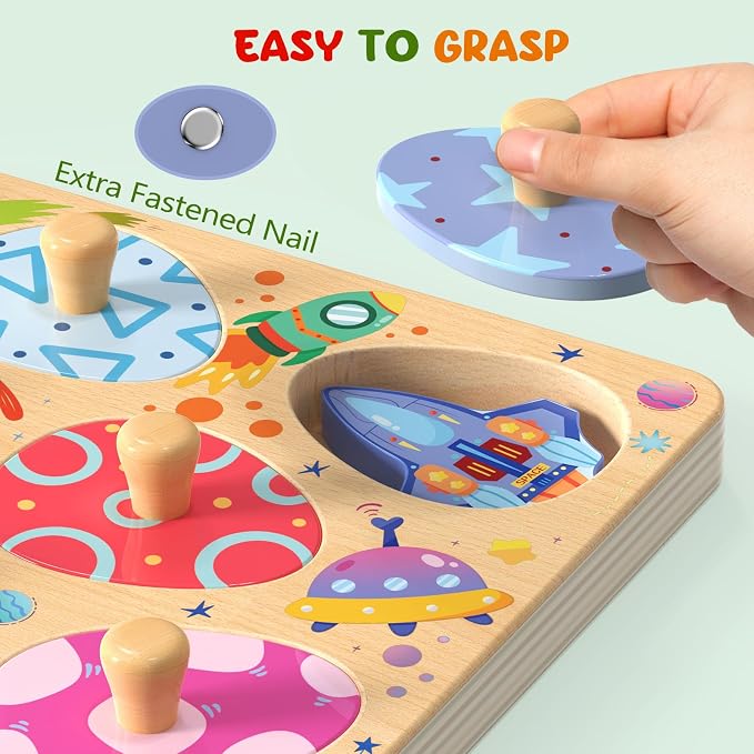 Zeoddler Wooden Puzzles for Toddlers, 8 Pcs Space Matching Egg Puzzle, Solar System for Kids, Montessori Toys for Boy Girl Easter Birthday Gifts, Educational Toys for Boys, Girls