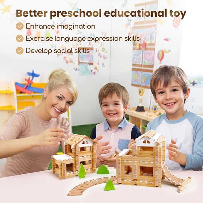 Jovi-Mindly & Notchies 96 PCS Wooden Building Blocks Toy Set for Kids Ages 4+ Boys Girls, Creative Construction Imaginative Cabin House with Storage Bag STEM Educational Learning Toy for Birthday Gift