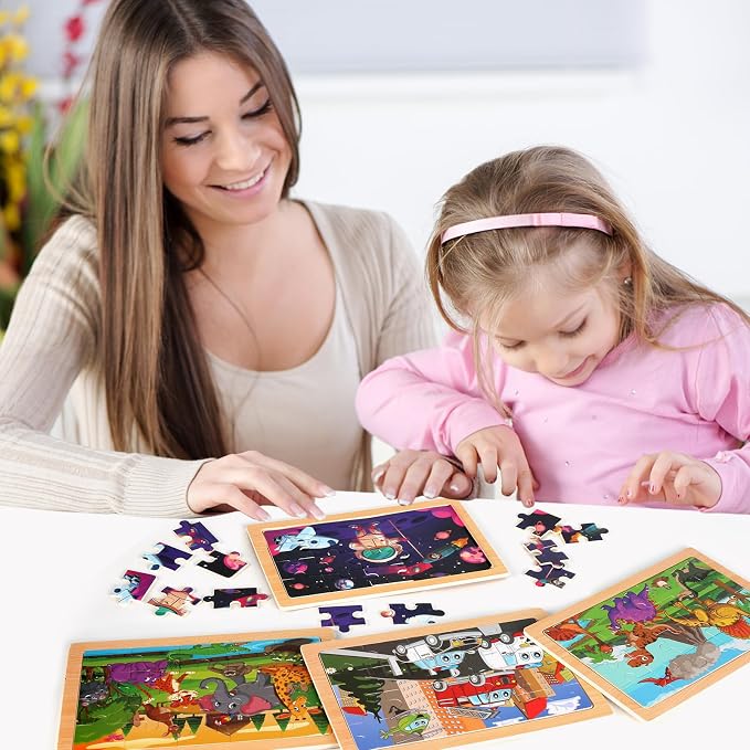 Wooden Puzzles Toys for Kids Ages 3-5, Set of 4 Packs Dinosaur, Space, Transportation Wood Puzzles, Preschool Brain Teaser Toys for Boys and Girls 3 4 5 6 Years Old