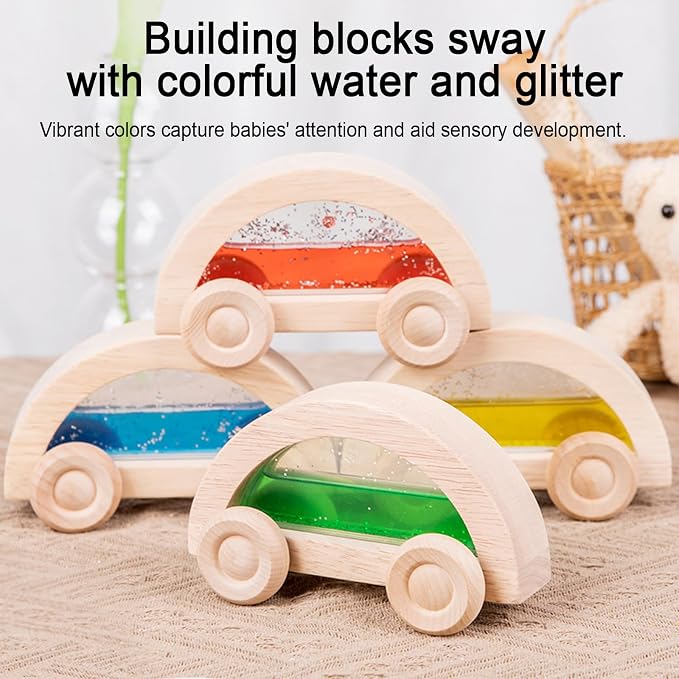 Dinhon Wooden Acrylic Water Glitter Car Toys for Toddlers 2-4, 4 Pack Colorful Sensory Water-Filled Cars, Montessori Toy Set for Boys Girls, Acrylic Rainbow Building Block Matching Products