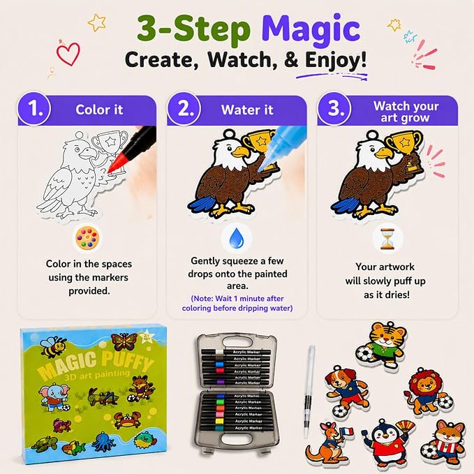 MWOMGLP Magic Foam Texture Painting Kit, 16 Pack DIY Puffy Foam Art Craft Set for Kids, 3D Sensory Painting Paper with Colorful Foam Sheets, Creative Gift for Boys Girls Ages 3+(Animal Football)