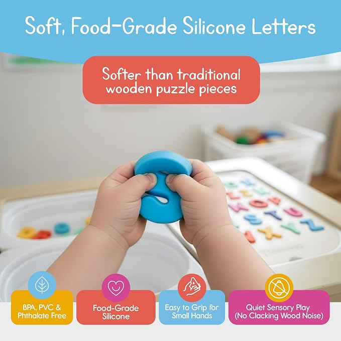 Uppercase Alphabet Puzzle for Kids, Sensory Bin Insert for Sensory Tables, Silicone Letters, Wooden Fine Motor Learning Toy by 7 Days of Play