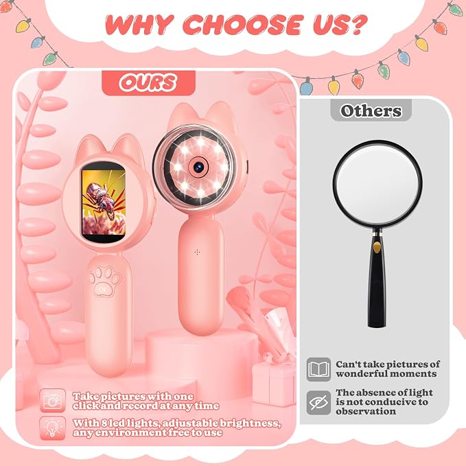 100X Handheld Microscope with 2" LCD Screen, Magnifying Glass for Kids | 8 LED Lights, Christmas Birthday Gifts for Children