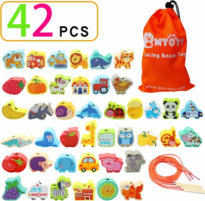 BMTOYS Wooden Lacing Beads Montessori Educationa Threading Learning Toys for 3+ Year Olds Preschool Activities Stringing Toys for Boys Girls