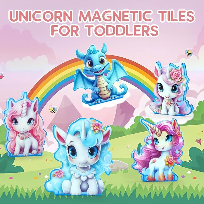 Unicorn Magnetic Tiles 49pcs – Magical Unicorn Toys for Girls Aged 4-8, Magnetic Building Blocks, STEM Construction Toy with 4 Unicorn Dolls and Dragon, Diamond 3D Educational Gift for Girls & Boys