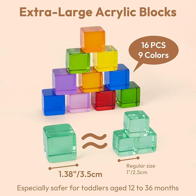 Woodtoe Large Rainbow Gem Blocks, 16 PCS Stacking Blocks for Toddlers 1-3 | Includes 3 Wooden Shapes, Montessori Sensory Toy, Creative Acrylic Blocks, No Choking Hazard, Birthday Gift for 1 2 3 Years