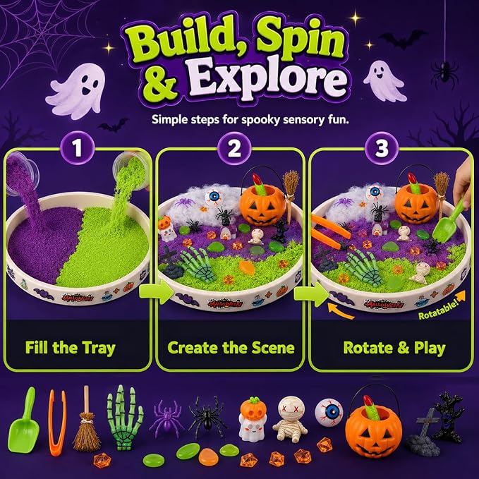 Halloween Sensory Bin Rotating Sandbox with Glow Sand Kit for Kids | Sensory Play Set with Glow-in-the-Dark Sand and Halloween Figures, gift for for boys and girls ages 3-8