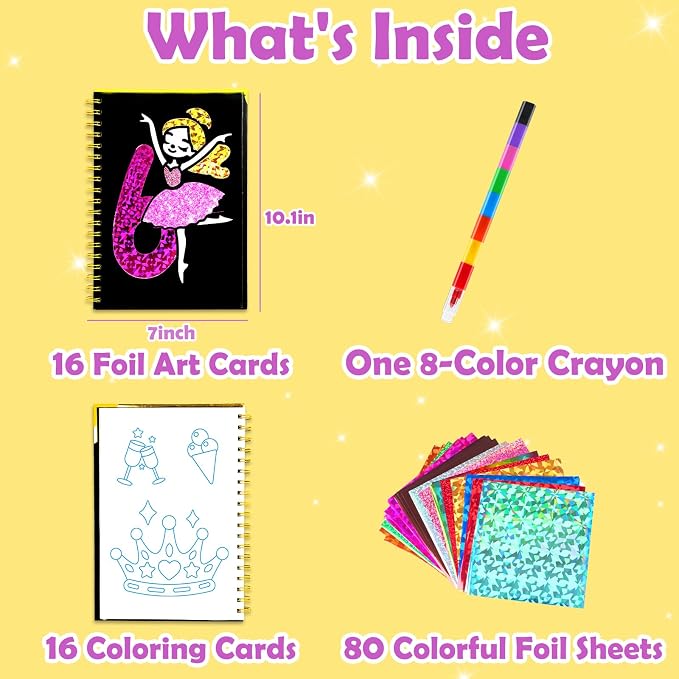 FUNNYB&G Foil Art Craft Kit for Kids, Sparkly Birthday Gift Toy for Kids | No Mess, Kids Ages 4-10 Create Sparkling Artwork, A Creative Gift for Birthdays, Holidays, Travel Activities,Screen-Free Fun