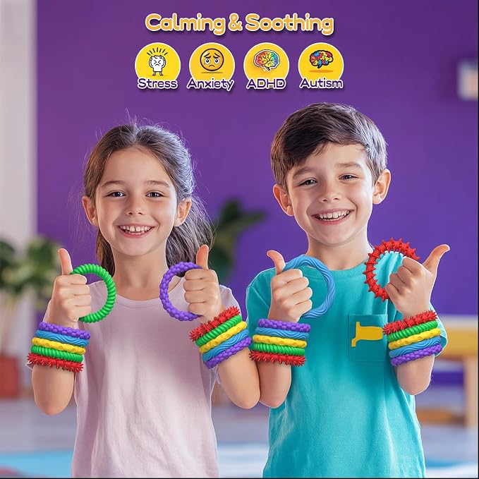 5 Pack Chewable Sensory Fidget Bracelets for Kids, Textured Silicone Bands | Chewable Sensory Fidget Bracelets for Kids, Stretchy Textured Silicone Bands for Classroom, Travel and Quiet Play