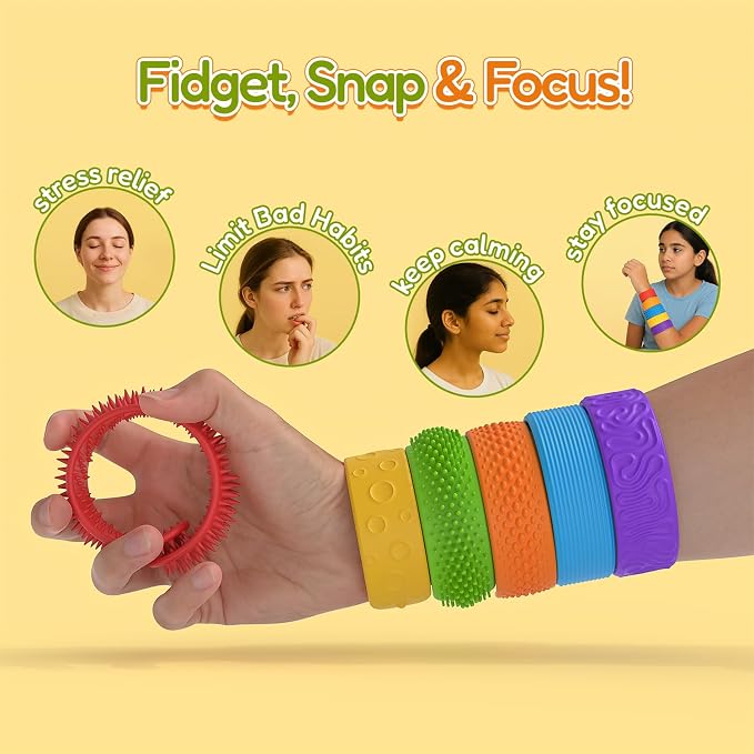 Fidget Toys Slap Bracelets - 6 PcsTextured Silicone Sensory Toys for Kids, Autism Calming Sensory Toy, Wearable Stress Fidgets for Adults Office Desk, Special Needs, Travel, Classroom Must Haves