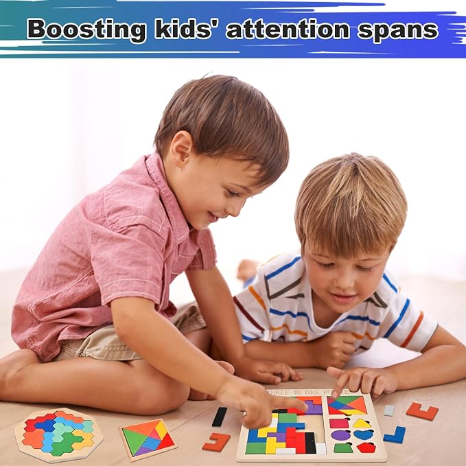 3 PCS Wooden Block Puzzle, Brain Teaser Puzzles for Kids & Adults | Wooden Puzzle Toys with 3-in-1 Russian Blocks Puzzle, Octagon Puzzle, Tangram Puzzles, Montessori STEM Educational Gift Toys