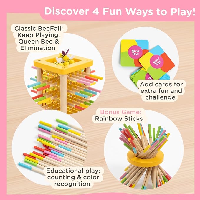 Nene Toys BeeFall Wooden Tower Game for Kids 3+ – 4-in-1 Stick Drop Bee Game with Dice & Action Cards, Rainbow Sticks Ring – Montessori Board Game for Family Game Night, Fine Motor Skills