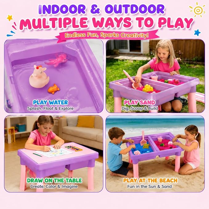 Unicorn & Axolotl 2 in 1 Sand and Water Table, Sensory Table with Sand | Standing sand box with lid, sensory sand, indoor outdoor sand kit, glow stones, sensory play activity table for girls & boys