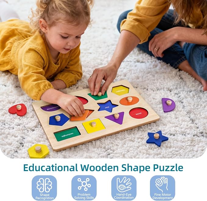 Wooden Shape Peg Puzzle Board, Educational Geometric Learning Board with Knobs, Multicolor Basic Shapes