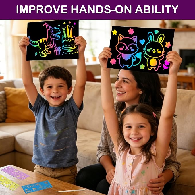 FUNNYB&G 200 Pcs Rainbow Scratch Paper Art for Kids Arts and Crafts Kit | Rainbow Scratch Paper Set Supplies School Activities Coloring Sheets Travel Toys for Party Games Christmas Birthday Gifts