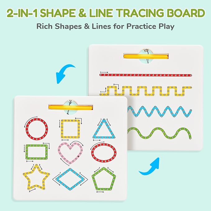 GAMENOTE Magnetic Shapes Lines Tracing Board Double Sided, Pencil Control | 2 in 1 pencil control practice toy, road trip car activity, preschool classroom learning, toy for kids ages 3-5