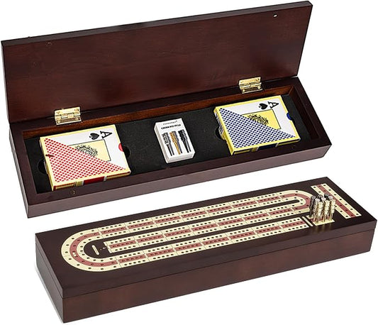ESENHARBER Cribbage Board Game Set, Premium Wooden Board with Magnetic Lock and Metal Pegs, 2 Playing Cards, and Large Storage - Travel-Friendly Continuous 3 Track Board