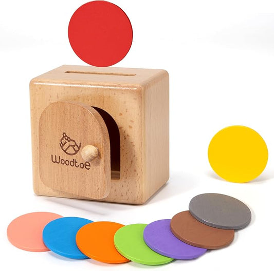 Woodtoe Montessori Coin Box, Object Permanence Toy for Toddlers Ages 1-3 | Color Sorting Game, Educational Sensory Activity, Develops Fine Motor Skills, Early Development Gift for 1+ Year Old Boy Girl