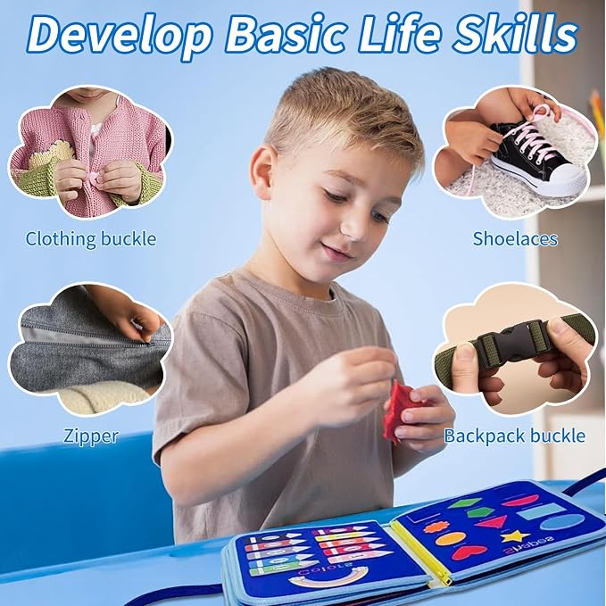 Toddlers Busy Board, Montessori Sensory Activity Board with Fine Motor Skills Learning Toys, Travel Toy for Airplane and Car, Educational Gift for Boys and Girls