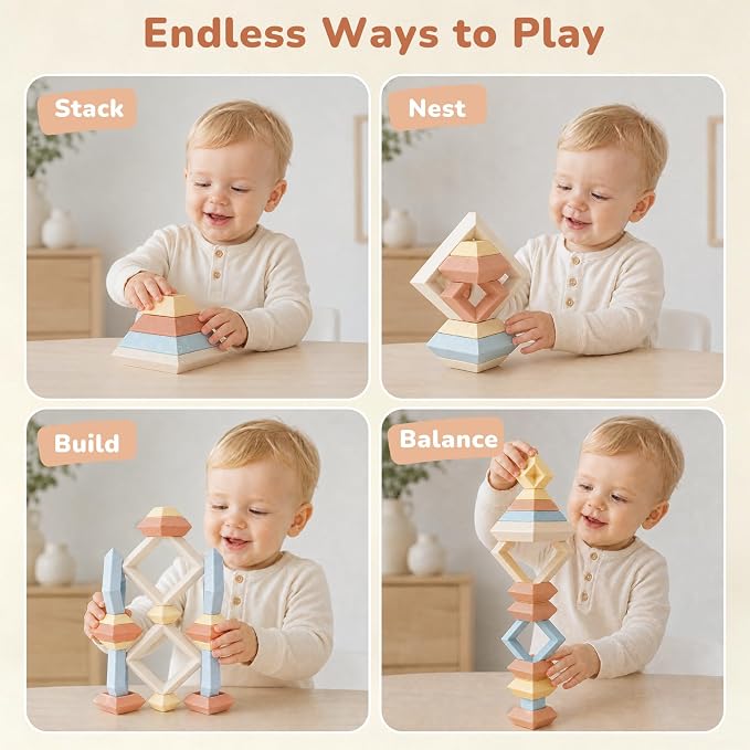 Joyreal Montessori Stacking Blocks for Toddlers 1-3，30PCS Nesting & Building Toys with Storage Bag,Educational Fine Motor Learning Toy, Preschool STEM Stacking Blocks for Boys Girls 12M+
