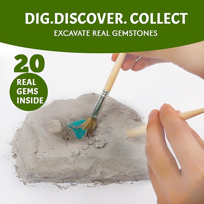 LotFancy Gemstone Dig Kit for Kids, 20 Real Gems, Science Excavation Gift | Rocks Stones Collection,Ages 8-12 Fit,STEM Classroom Learning Activity,Birthday Gift for Boys Girls,Geology Discovery Toy