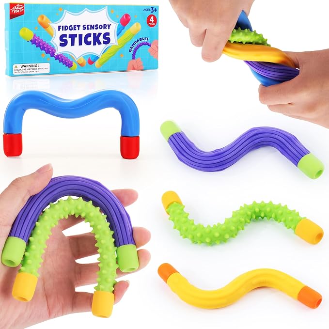 Fidget Sensory Sticks for Kids: 4 Pack Thickened & Flexible Silicone Fidget Stick - Fidget Stress Toy for Kids Autism ADHD Calming - Quiet Fidgets for Classroom Focus Prizes - Travel Calm Essentials