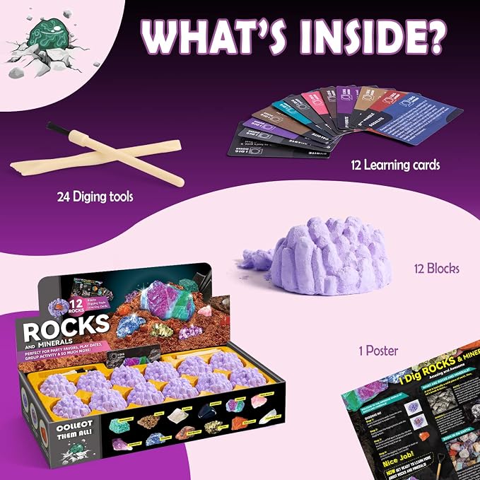 Gamerside Gem Digging Kit, 12 Rock Digging Kit for Kids 6+ | Excavate Real Gems & Crystals, 12 Mining Tools Set & Rock & Mineral Identification, Great Geology Gift for Boys Girls
