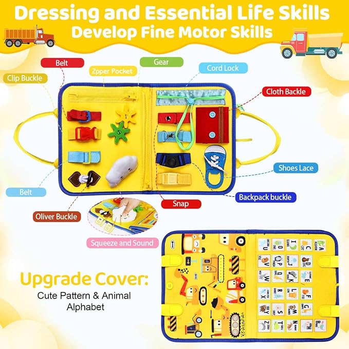 Esjay Busy Board Montessori Toys for Boys Girls, Sensory Book Educational Activities for Learning Fine Motor Skills, Birthday Gifts, Travel Toys for Airplane Car,Yellow Multipages