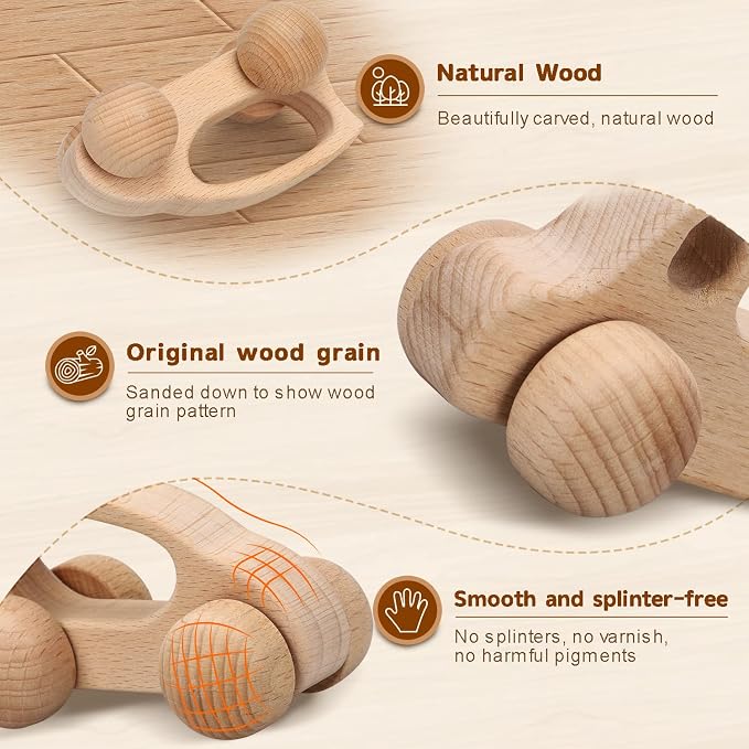 TOY Life Wooden Toys Cars, Montessori Toys for Babies 0-6-12 Months, Rattle Toy Cars for Toddlers 1-3, Christmas Wooden Baby Toys Gift 1 Year Old, Baby Boy Nursery Decor, 1 Year Old Boy Birthday Gift