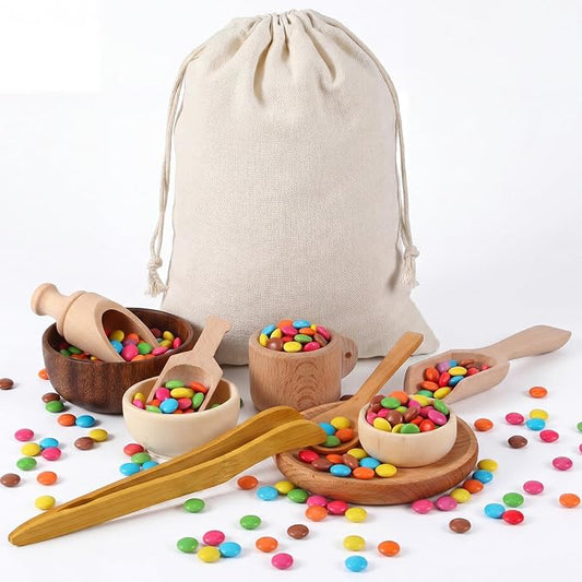 11 Pcs Sensory Bin Tool Sensory Tools for Boys and Girls Fine Motor Skill Toys Wooden Spoons Bowls Plate with Other Tools for Transfer Work and Fine Motor Learning (Wood)