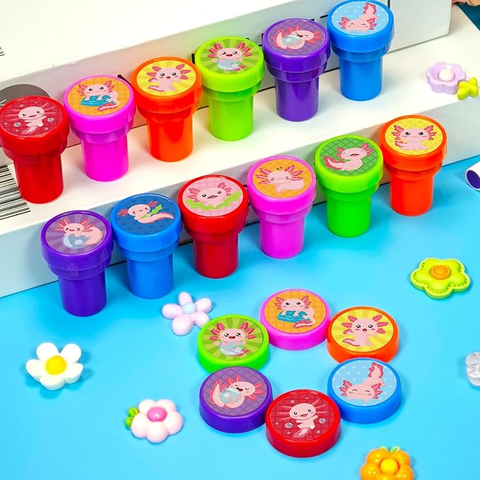 Cinrobiye 24 Pcs Axolotl Stampers Party Favor Set, Cute Axolotl Stamps for Kids Birthday Party, Classroom Rewards, Animal Lover Gifts, Goody Bag Fillers, Underwater Creature Party Supplies