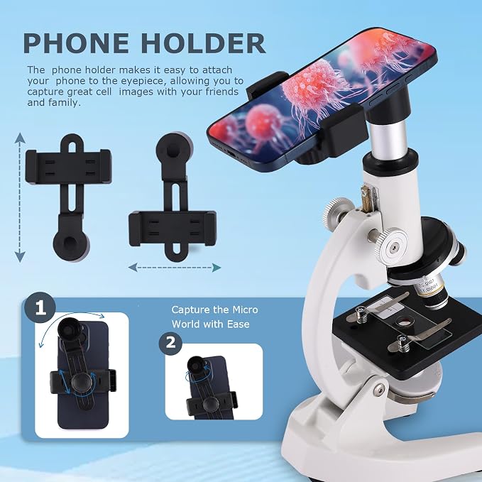 Microscope for Adults & Kids, 40X-2500X High-Power Compound Microscope for Students, School Lab & Home Schooling,Equiped with Slides Set & Phone Holder (Light White)