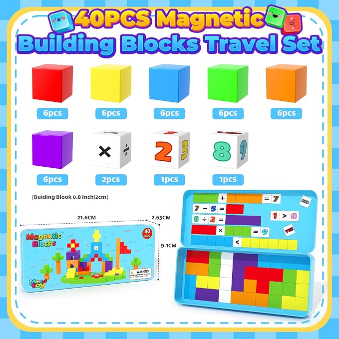 Magnetic Blocks Mini Travel Essentials Toddler Toys with Case Set, Kids Magnet Building Blocks Sensory Montessori Autism Toys for 3+ Boys & Girls Birthday Gifts