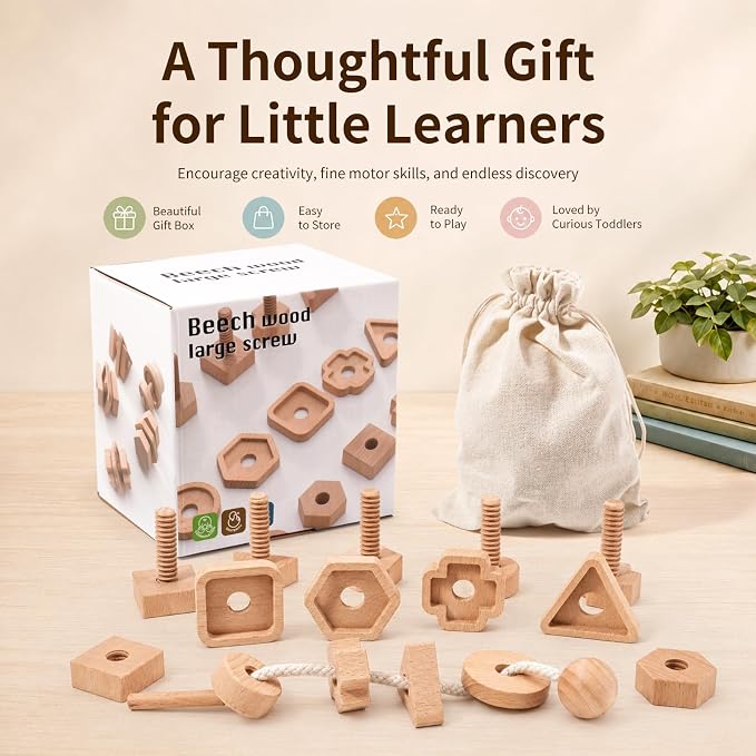 Wooden Screw and Nut Playset for Kids Ages 3,4,5，Montessori Shape Sorting Toy, Lacing Beads, Preschoolers Activities, Building Construction Screw Matching, for Boys Girls